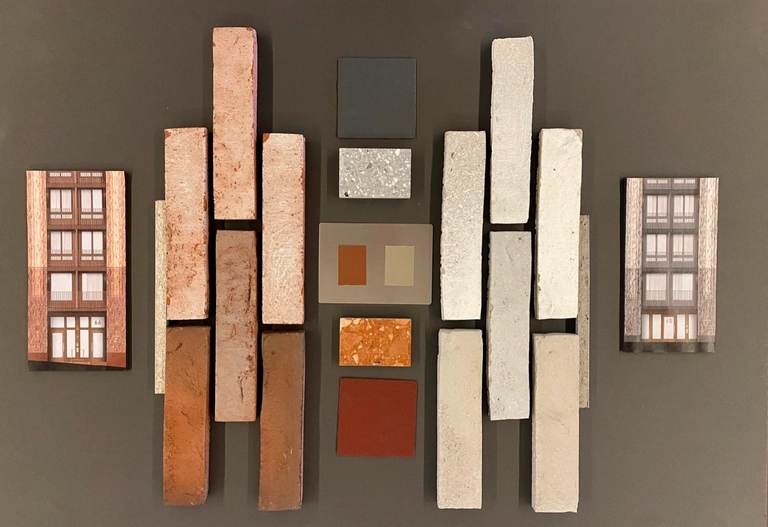 Fasadmaterial för flerfamiljshus vid Hornsbergsstrand.