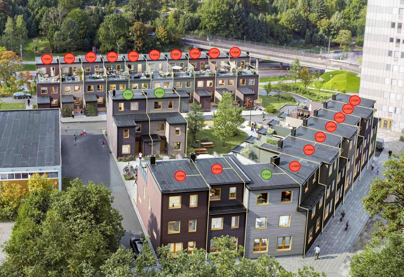 Illustration över bostadsområdet Glimten men markering sålda och lediga bostäder.