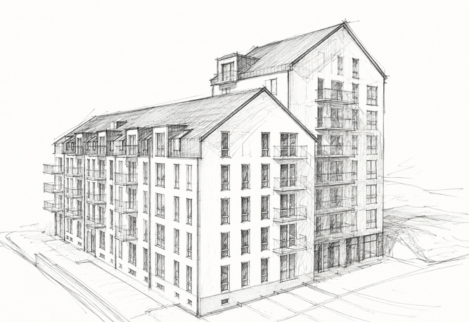 Skiss över flerbostadshuset med höghusdel och låghusdel.