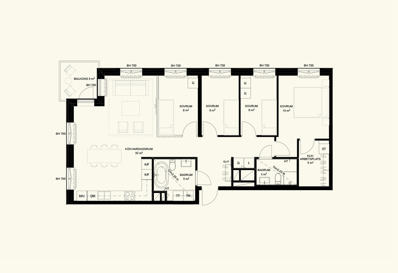 Planlösning på en 5-rumslägenhet, cirka 100 kvadratmeter