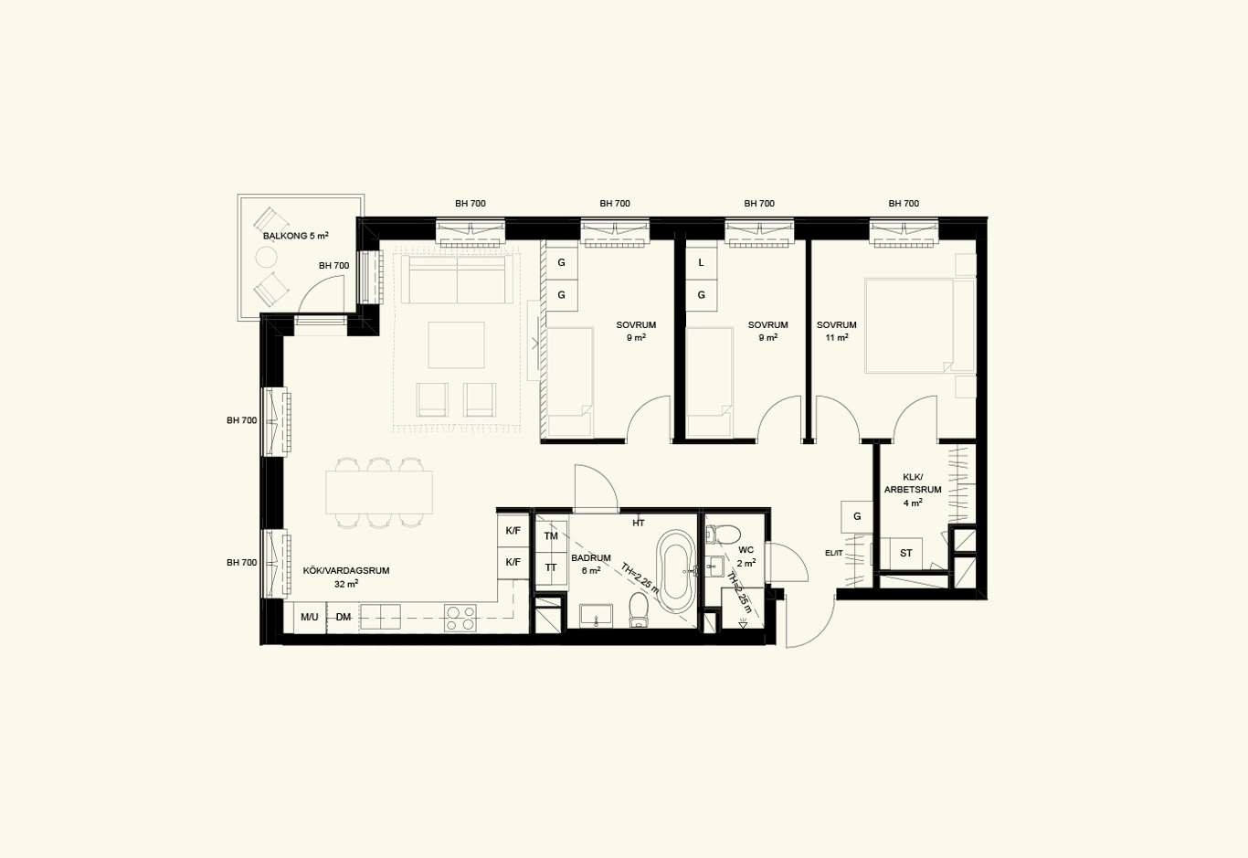 Planlösning som visar en 4 rumslägenhet, cirka 88 kvadratmeter